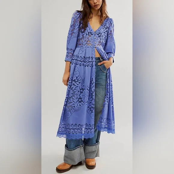 Free People Shadow Dance Midi Persian Jewel Blue Medium #155 Boho Dress 86497781 - Picture 2 of 16